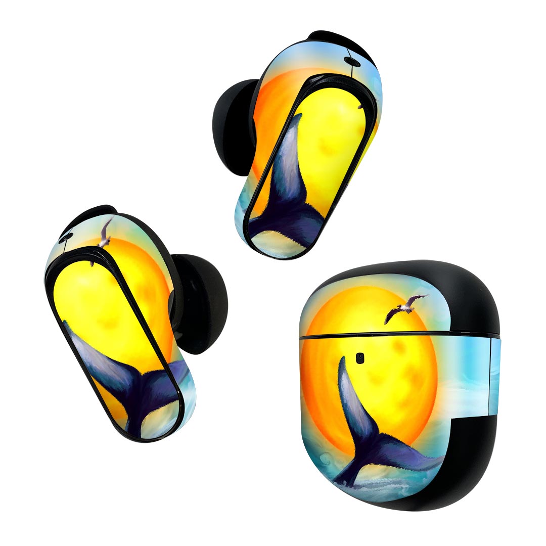 Bose QuietComfort Earbuds II 用 スキンシール ボーズ イヤバッズ2 用　ステッカー　本体3セット ケース1セット 保護 フィルム デコ くじら　海　太陽　イラスト 025983