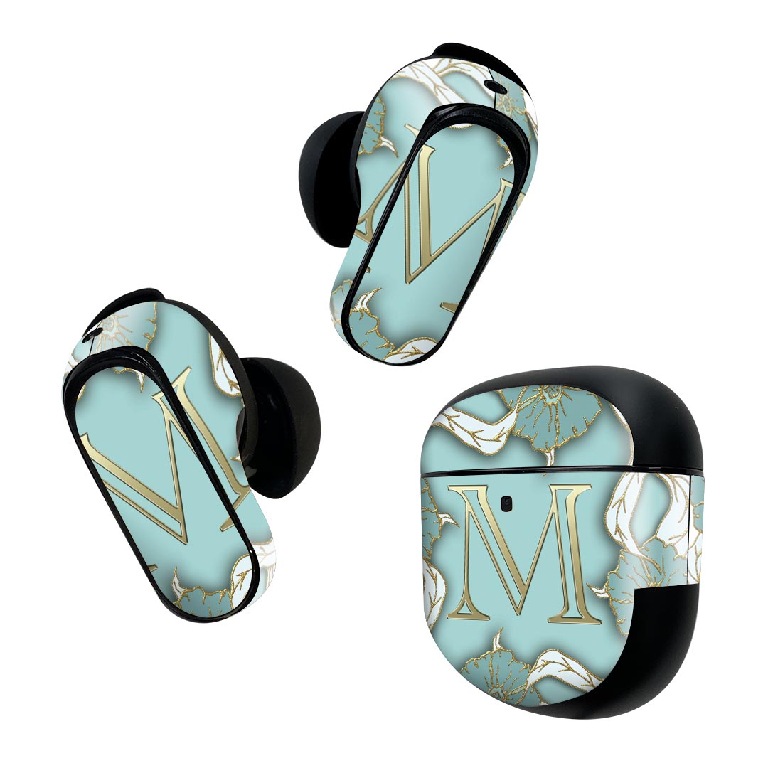 Bose QuietComfort Earbuds II 用 スキンシール ボーズ イヤバッズ2 用　ステッカー　本体3セット ケース1セット 保護 フィルム デコ イニシャル　花　M 026076