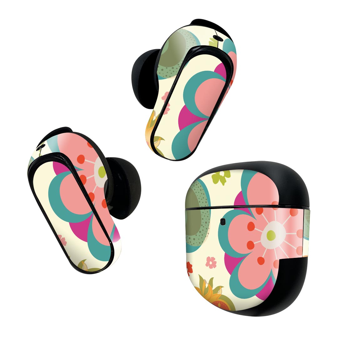 Bose QuietComfort Earbuds II 用 スキンシール ボーズ イヤバッズ2 用　ステッカー　本体3セット ケース1セット 保護 フィルム デコ 花　果物　イラスト 004080