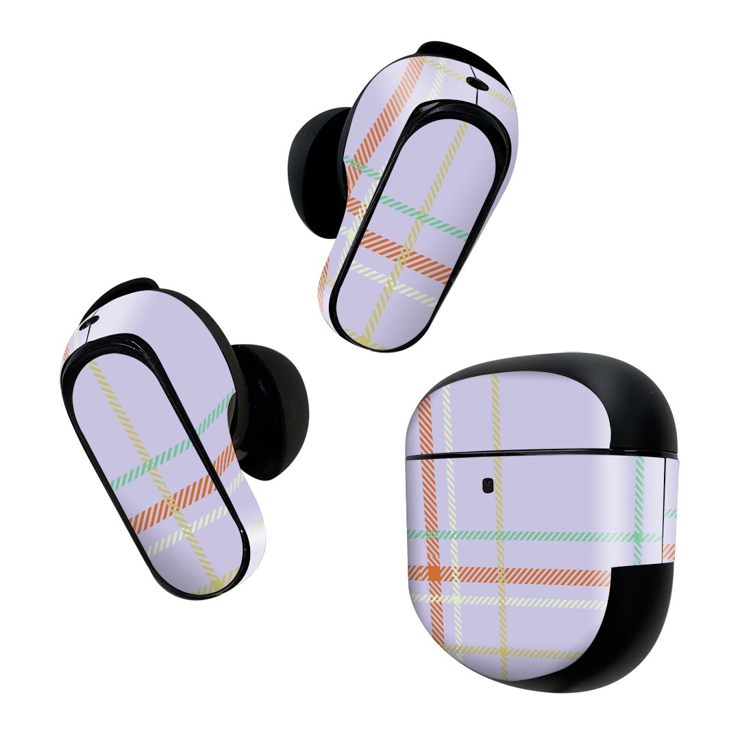 Bose QuietComfort Earbuds II 用 スキンシール ボーズ イヤバッズ2 用　ステッカー　本体3セット ケース1セット 保護 フィルム デコ チェック　紫 004187