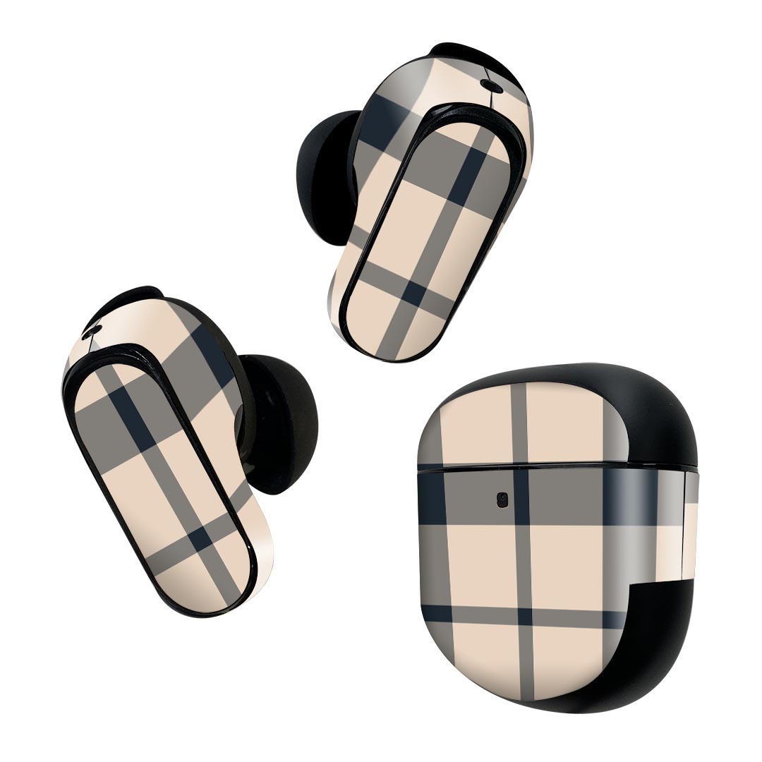 Bose QuietComfort Earbuds II 用 スキンシール ボーズ イヤバッズ2 用　ステッカー　本体3セット ケース1セット 保護 フィルム デコ チェック　黒 004337