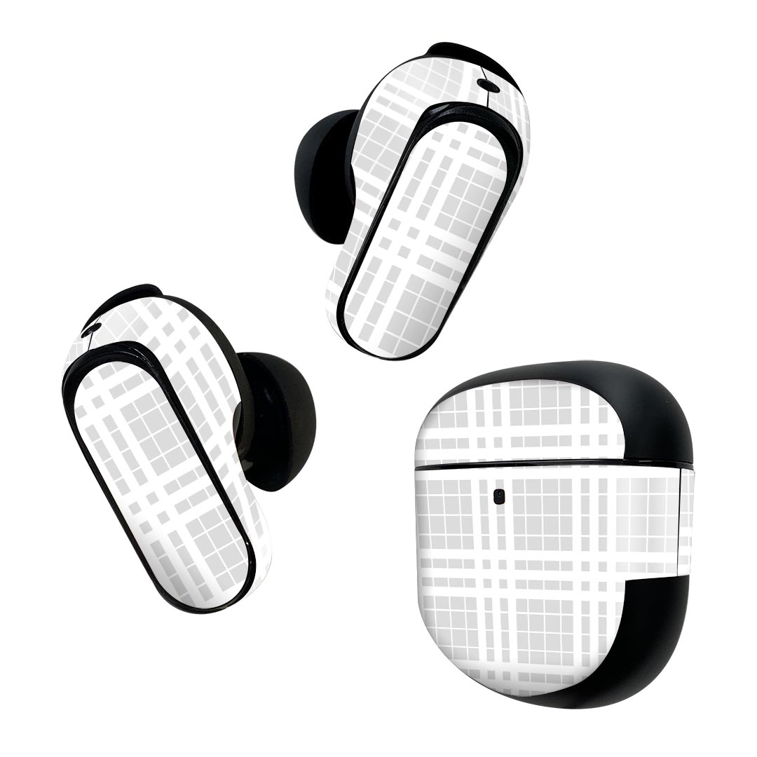 Bose QuietComfort Earbuds II 用 スキンシール ボーズ イヤバッズ2 用　ステッカー　本体3セット ケース1セット 保護 フィルム デコ チェック　模様　白 004377