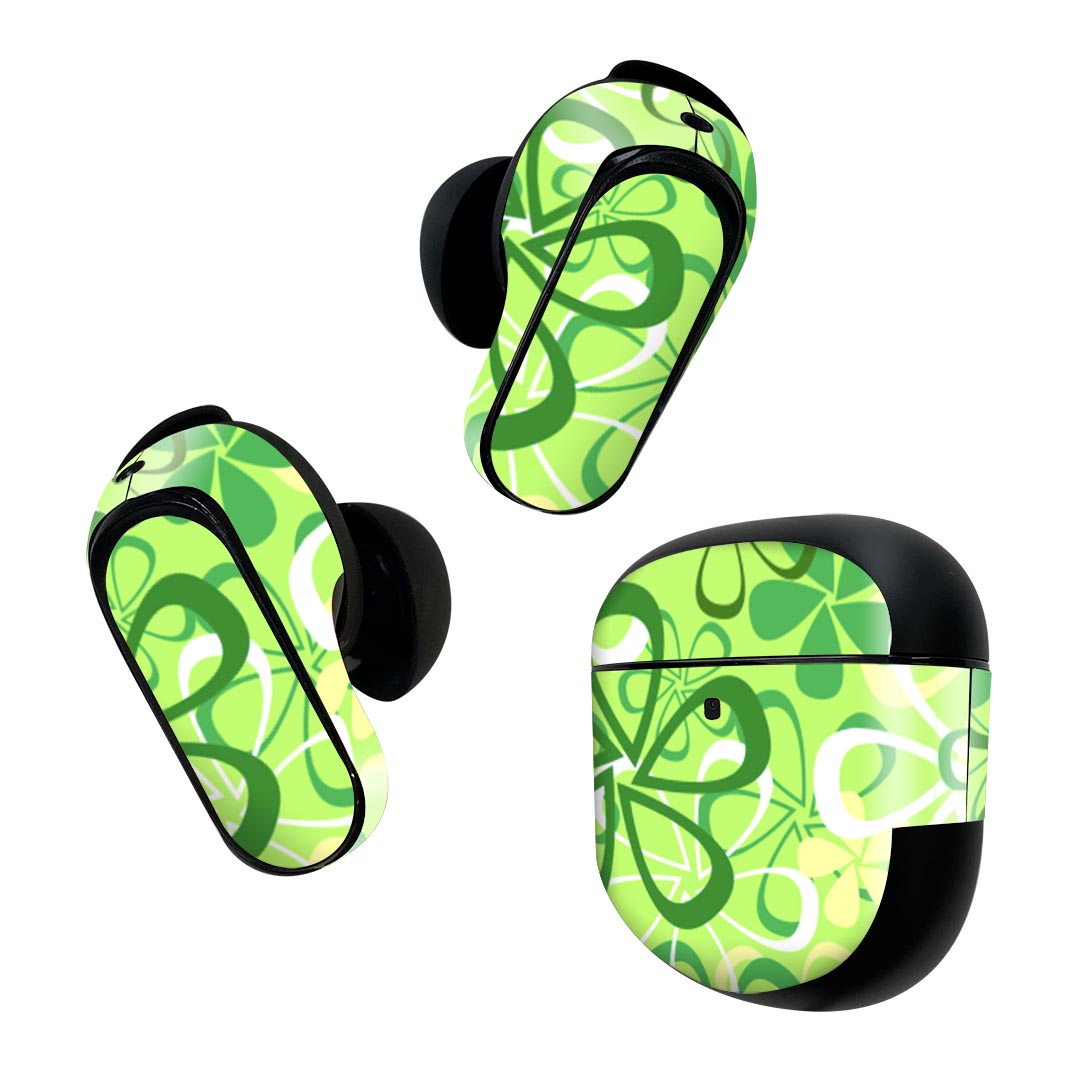 Bose QuietComfort Earbuds II 用 スキンシール ボーズ イヤバッズ2 用　ステッカー　本体3セット ケース1セット 保護 フィルム デコ 花　　緑 004442