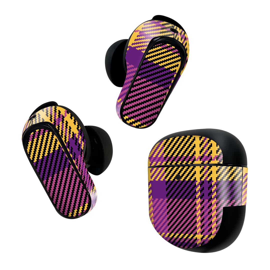 Bose QuietComfort Earbuds II 用 スキンシール ボーズ イヤバッズ2 用　ステッカー　本体3セット ケース1セット 保護 フィルム デコ チェック　紫　黄色 004455