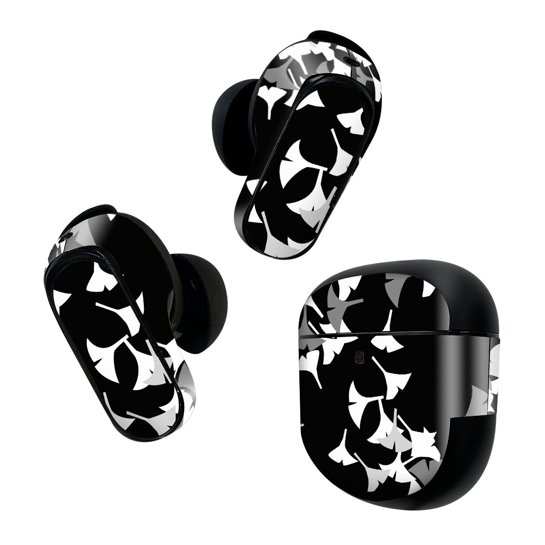 Bose QuietComfort Earbuds II 用 スキンシール ボーズ イヤバッズ2 用　ステッカー　本体3セット ケース1セット 保護 フィルム デコ イチョウ　秋　黒 004474