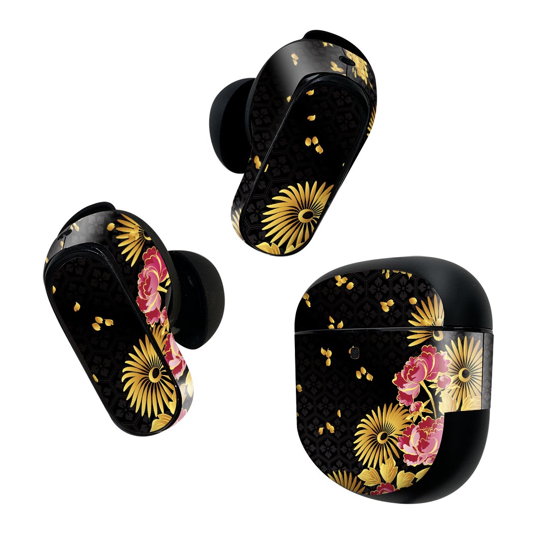 Bose QuietComfort Earbuds II 用 スキンシール ボーズ イヤバッズ2 用　ステッカー　本体3セット ケース1セット 保護 フィルム デコ 和風　和柄　花 004484
