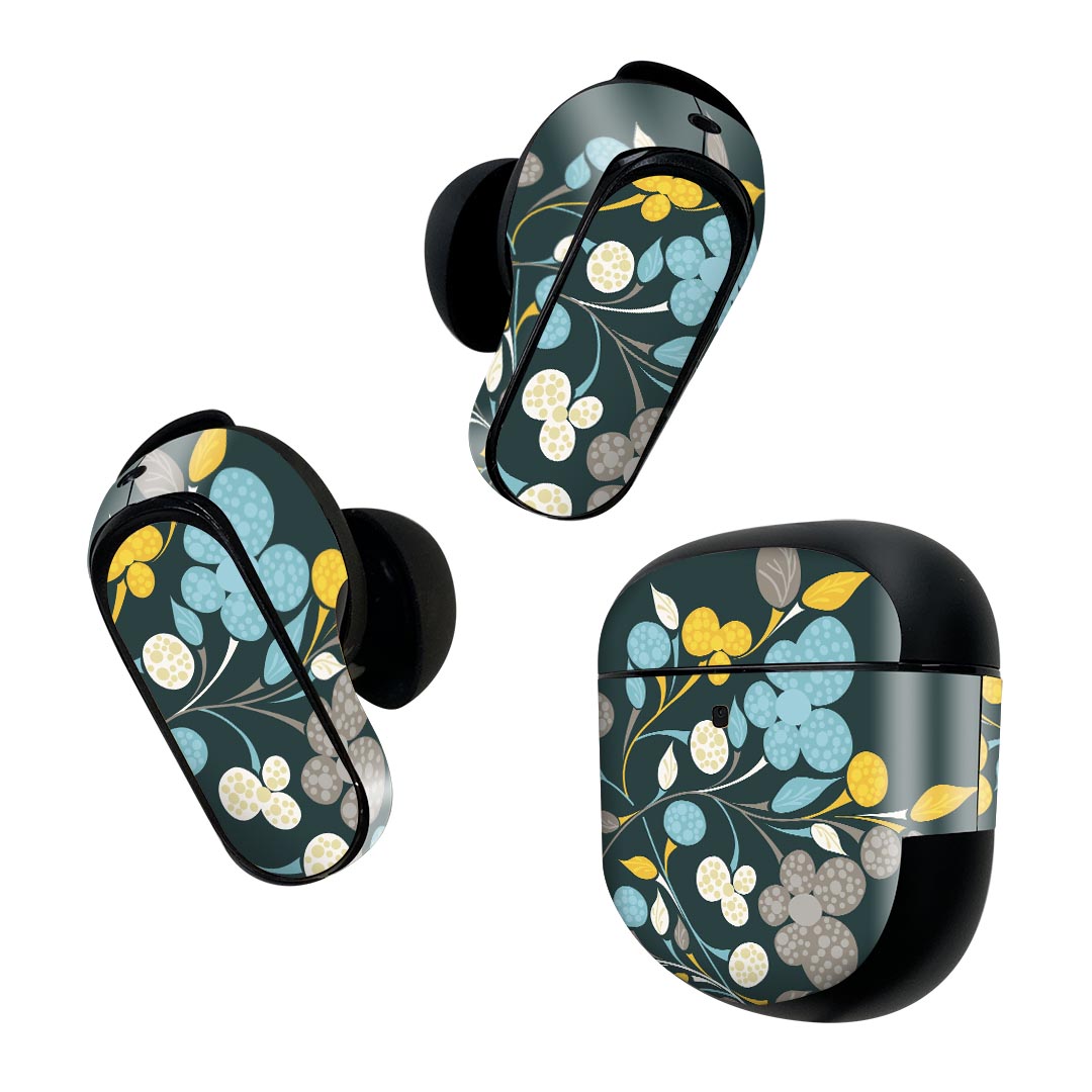 Bose QuietComfort Earbuds II 用 スキンシール ボーズ イヤバッズ2 用　ステッカー　本体3セット ケース1セット 保護 フィルム デコ 花　イラスト　緑 004515