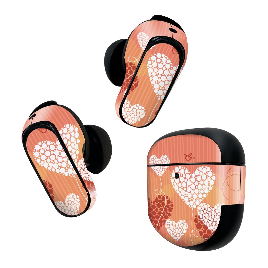Bose QuietComfort Earbuds II 用 スキンシール ボーズ イヤバッズ2 用　ステッカー　本体3セット ケース1セット 保護 フィルム デコ ハート　オレンジ　鳥 004718