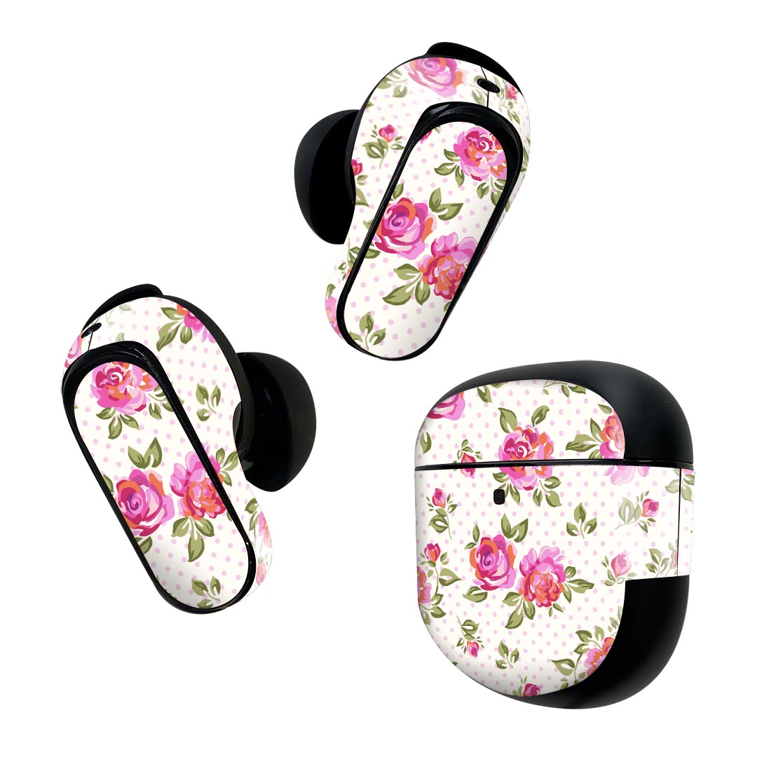 Bose QuietComfort Earbuds II 用 スキンシール ボーズ イヤバッズ2 用　ステッカー　本体3セット ケース1セット 保護 フィルム デコ 花　水玉　ドット　ピンク 004758