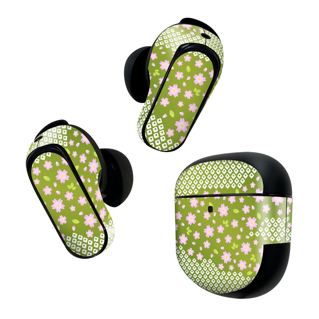 Bose QuietComfort Earbuds II 用 スキンシール ボーズ イヤバッズ2 用 ステッカー 本体3セット ケース1セット 保護 フィルム デコ 桜 緑 模様 004770