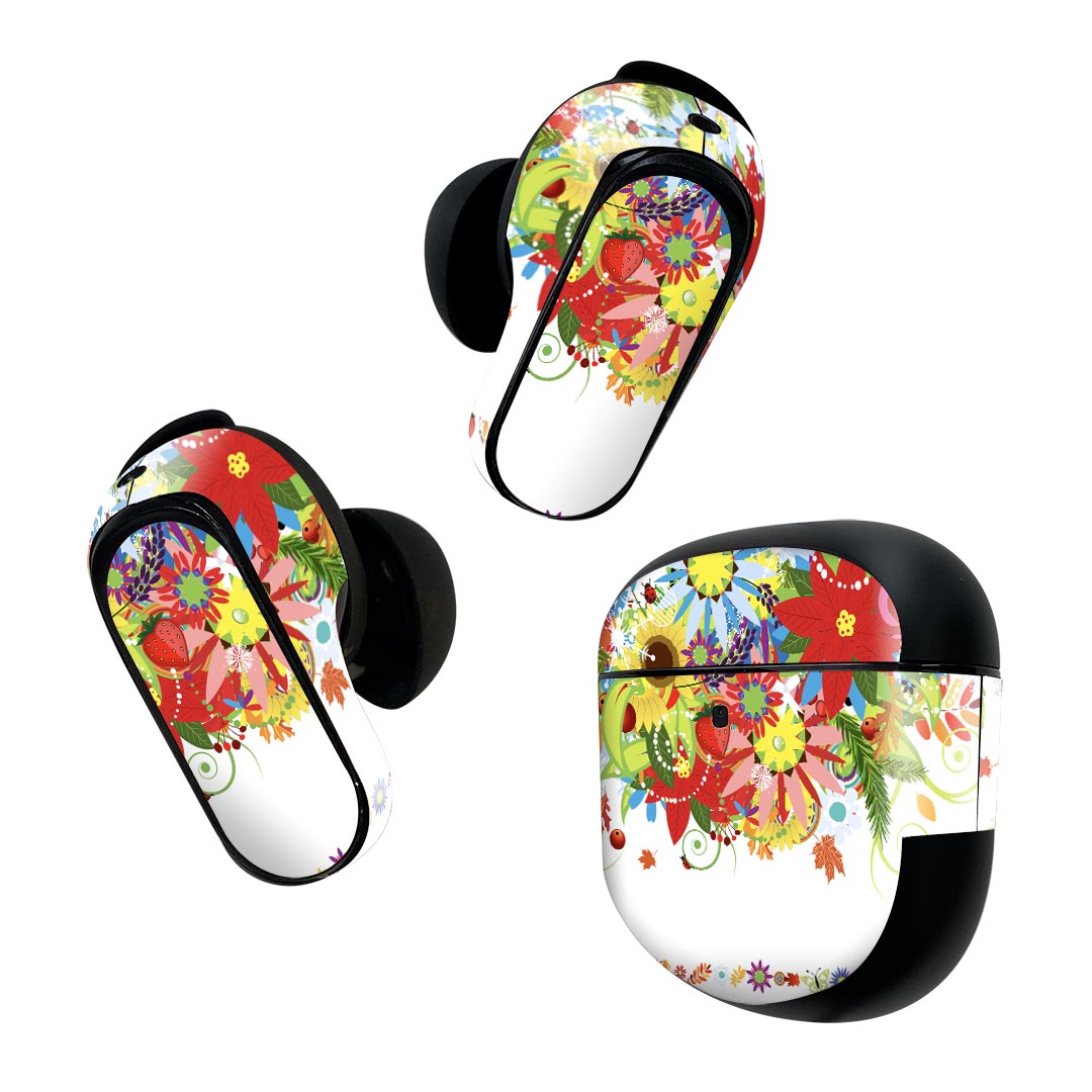 製品名 Bose QuietComfort Earbuds II 専用デザインスキンシール セット内容 Bose QuietComfort Earbuds II 専用シール　イヤホン（左右）3枚、充電ケース用シール 1枚AirPods第3世代専用です。第1?2世代、Proシリーズには対応していません。 商品特徴 再剥離性シートを素材に採用し、細かな位置調整がしやすく貼り直しが容易です。また、エアフリーでもありますので気泡が簡単に逃げるので、キレイに貼ることができます。専用の業務プリンターを使い、商品画像と遜色のない美しい印刷仕上がり。 注意事項 画像はサンプルですので、ご覧の環境によっては多少色味に違いを感じる場合がございます。 イメージと違った、モニターと色味が異なるという理由での交換や返金はご対応出来かねます。スキンシールのみの販売で、機器本体や充電ケース本体は付属しません。シワができた場合、ドライヤーなどで軽く温め、外側に向けてシワを伸ばすように貼ってください。初回貼付時の位置調整や貼り直しは可能ですが、しっかりと押し付けて接着させた後の再剥離、再利用は保証しておりません。また接着部に油分や汚れが付着しますと角の部分は剥がれやすくなりますので、貼付時はあまり触れないようにご注意ください。無地のセミグロスシートにデザインをプリントした商品で、デコなどの加工はございません。 凹凸や光沢があるように見えたり布地や金属を素材にしたように見える商品もありますが、デザインの図版によるものです。印刷時に微妙な画像のズレが生じる場合がございます。ご注文後に1点1点制作する受注生産品の為、不良品以外のご返品や交換は固くお断りします。 商品発送 完全受注生産のハンドメイド商品となりますので、既製品と比べて発送までお時間を頂いています。 基本的に決済確認後2~3営業日、最大で10営業日での発送となります。繁忙期や休業日明けの場合はさらに時間がかかる場合があります。 その際には別途メールにてご連絡致します。メール便の場合、発送日から到着までに2?4日ほどかかる場合が多く、紛失などの保障もご対応できかねます。あらかじめご了承下さい。
