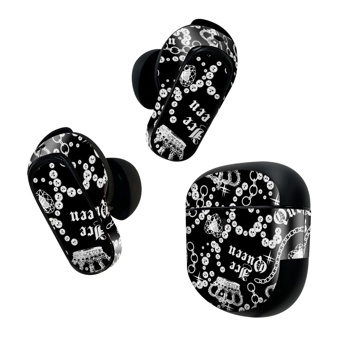 Bose QuietComfort Earbuds II 用 スキンシール ボーズ イヤバッズ2 用 ステッカー 本体3セット ケース1セット 保護 フィルム デコ クラウン 王冠 英語 黒 004950