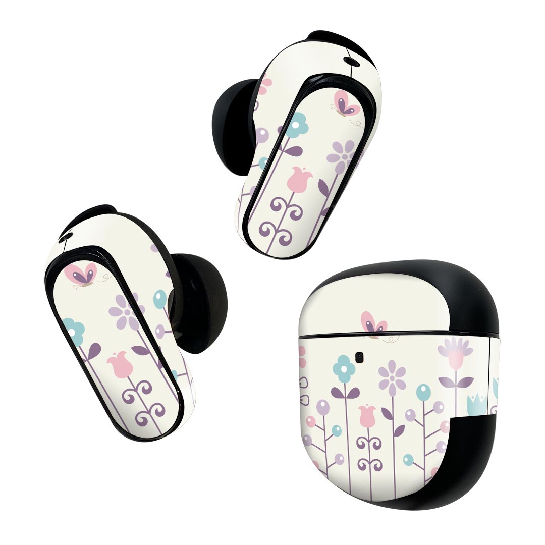 Bose QuietComfort Earbuds II 用 スキンシール ボーズ イヤバッズ2 用　ステッカー　本体3セット ケース1セット 保護 フィルム デコ 花　　蝶 004991