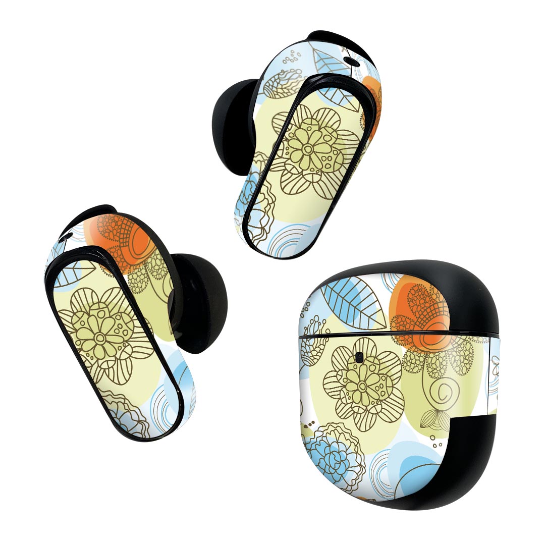 Bose QuietComfort Earbuds II 用 スキンシール ボーズ イヤバッズ2 用　ステッカー　本体3セット ケース1セット 保護 フィルム デコ 花　　カラフル 005012