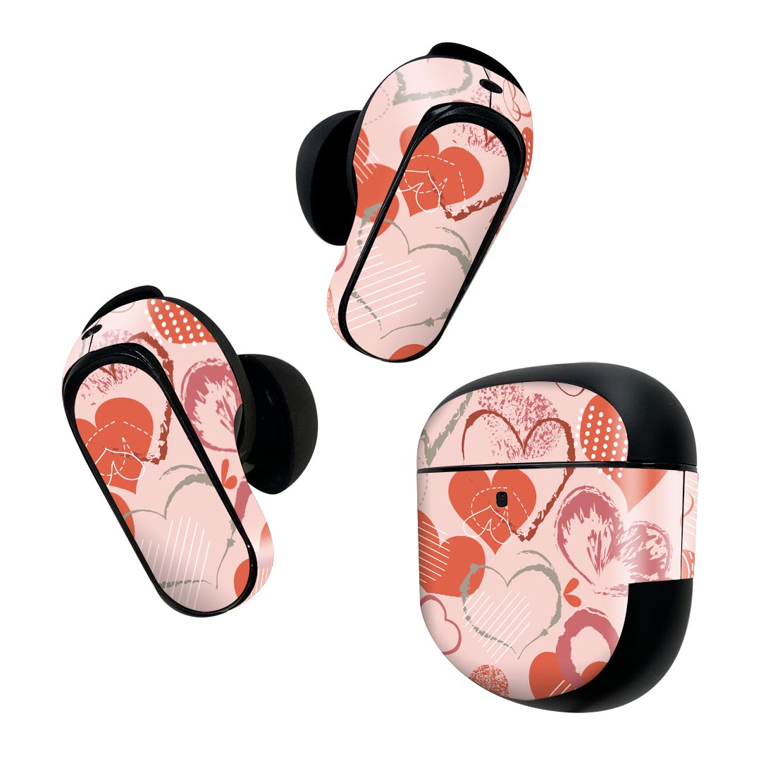 Bose QuietComfort Earbuds II 用 スキンシール ボーズ イヤバッズ2 用　ステッカー　本体3セット ケース1セット 保護 フィルム デコ ハート　赤　模様 005034