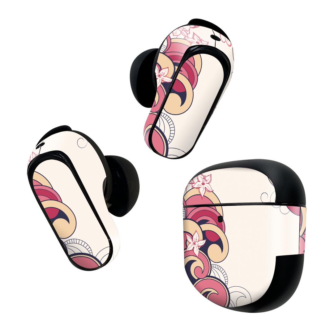 Bose QuietComfort Earbuds II 用 スキンシール ボーズ イヤバッズ2 用　ステッカー　本体3セット ケース1セット 保護 フィルム デコ 花　ピンク　イラスト 005052