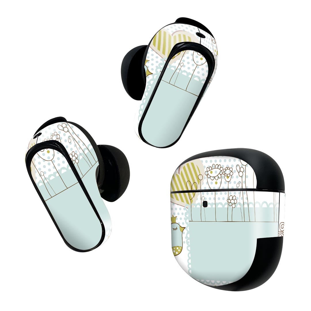Bose QuietComfort Earbuds II 用 スキンシール ボーズ イヤバッズ2 用　ステッカー　本体3セット ケース1セット 保護 フィルム デコ 鳥　ハート　イラスト 005128