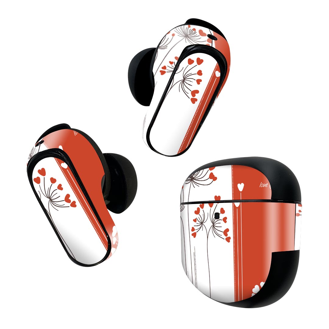 Bose QuietComfort Earbuds II 用 スキンシール ボーズ イヤバッズ2 用　ステッカー　本体3セット ケース1セット 保護 フィルム デコ ハート　赤　白 005153