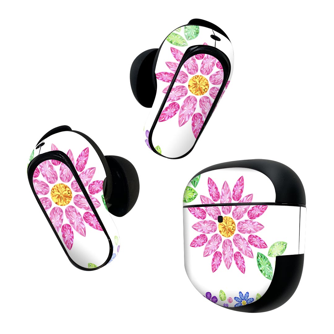 Bose QuietComfort Earbuds II 用 スキンシール ボーズ イヤバッズ2 用　ステッカー　本体3セット ケース1セット 保護 フィルム デコ 花　宝石　イラスト　ピンク 005193
