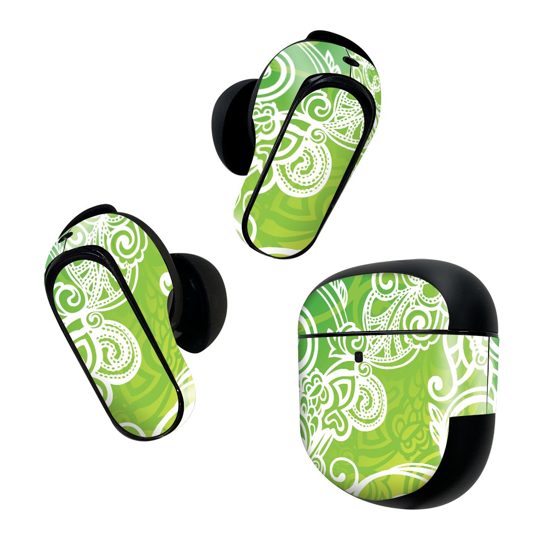 Bose QuietComfort Earbuds II 用 スキンシール ボーズ イヤバッズ2 用　ステッカー　本体3セット ケース1セット 保護 フィルム デコ 緑　植物　イラスト 005223
