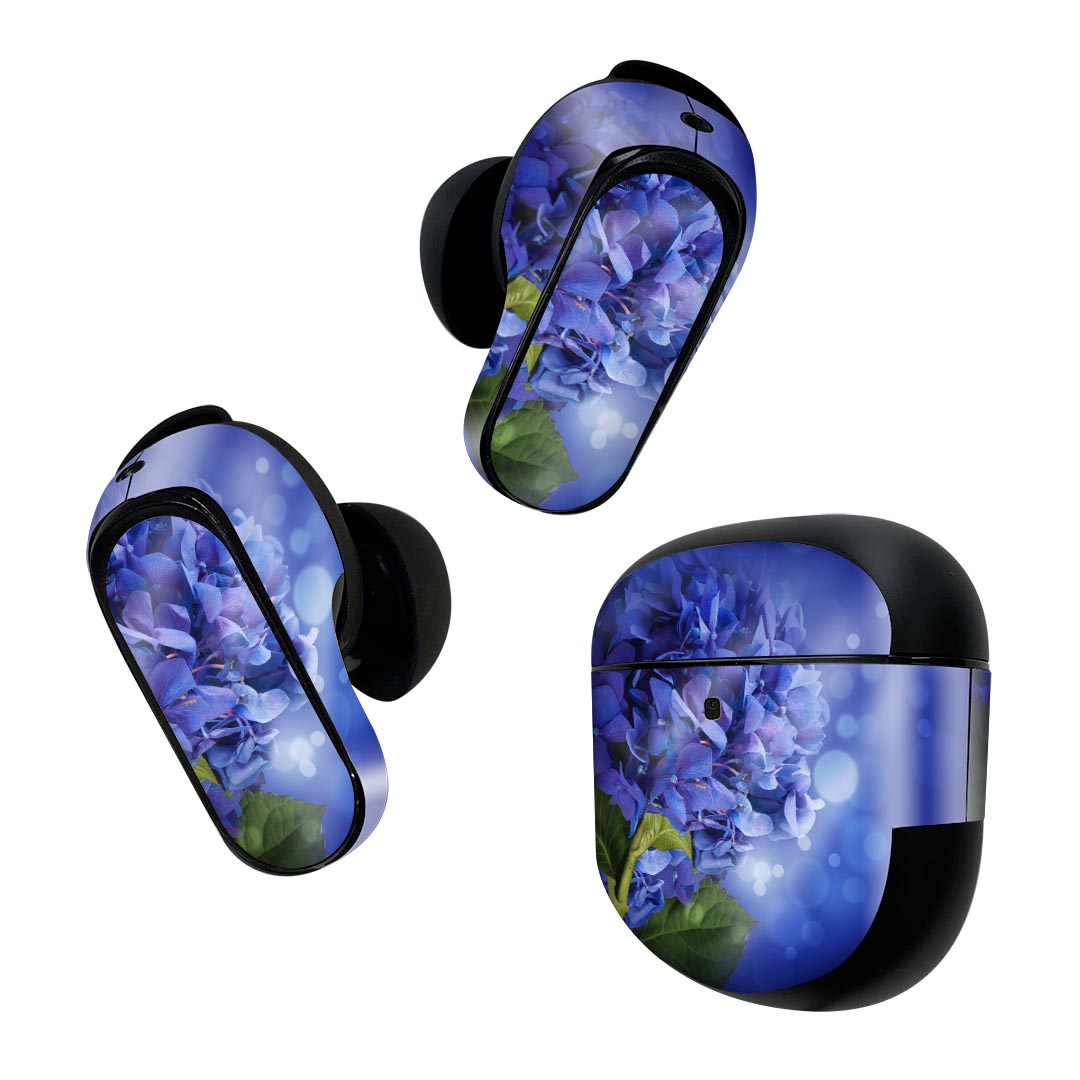 Bose QuietComfort Earbuds II 用 スキンシール ボーズ イヤバッズ2 用　ステッカー　本体3セット ケース1セット 保護 フィルム デコ 花　あじさい　青 005238