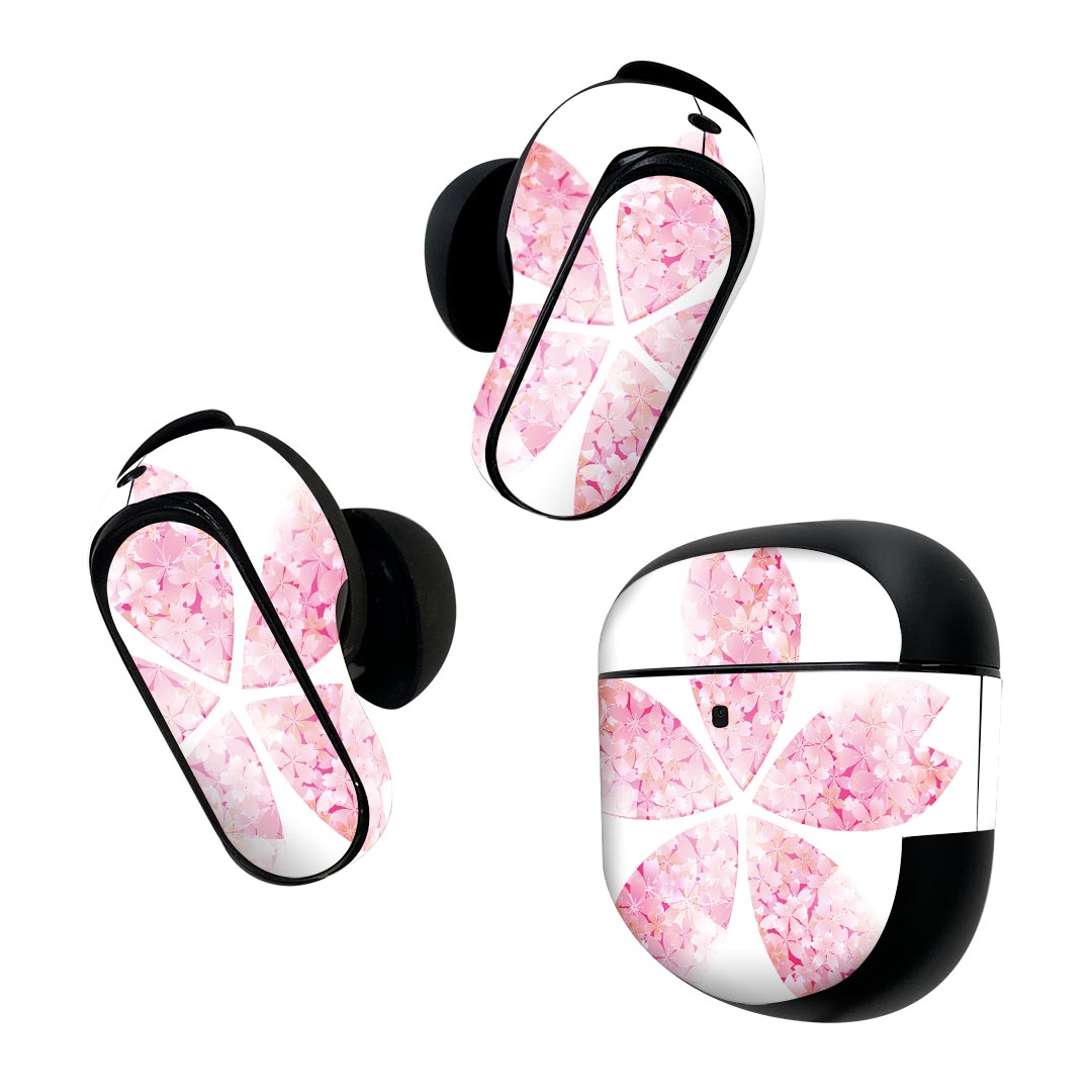 Bose QuietComfort Earbuds II 用 スキンシール ボーズ イヤバッズ2 用 ステッカー 本体3セット ケース1セット 保護 フィルム デコ 桜 白 ピンク 005304