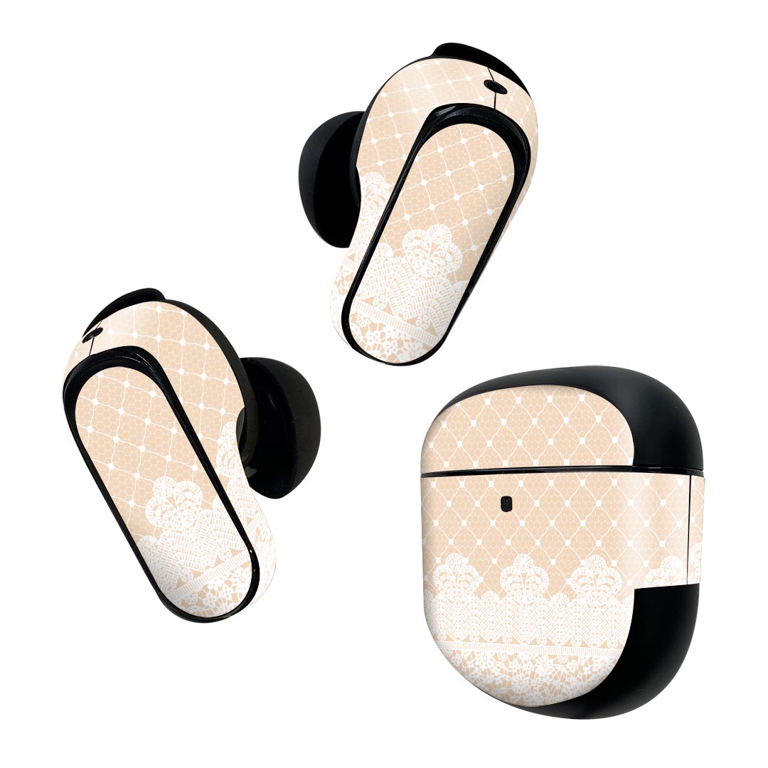 Bose QuietComfort Earbuds II 用 スキンシール ボーズ イヤバッズ2 用 ステッカー 本体3セット ケース1セット 保護 フィルム デコ ベージュ 白 エレガント 005366