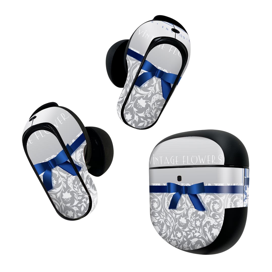 Bose QuietComfort Earbuds II 用 スキンシール ボーズ イヤバッズ2 用　ステッカー　本体3セット ケース1セット 保護 フィルム デコ 青　リボン　花　 005474