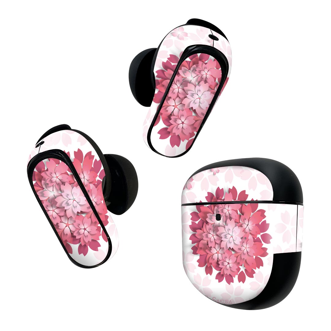 Bose QuietComfort Earbuds II 用 スキンシール ボーズ イヤバッズ2 用　ステッカー　本体3セット ケース1セット 保護 フィルム デコ 花　　ピンク 005764