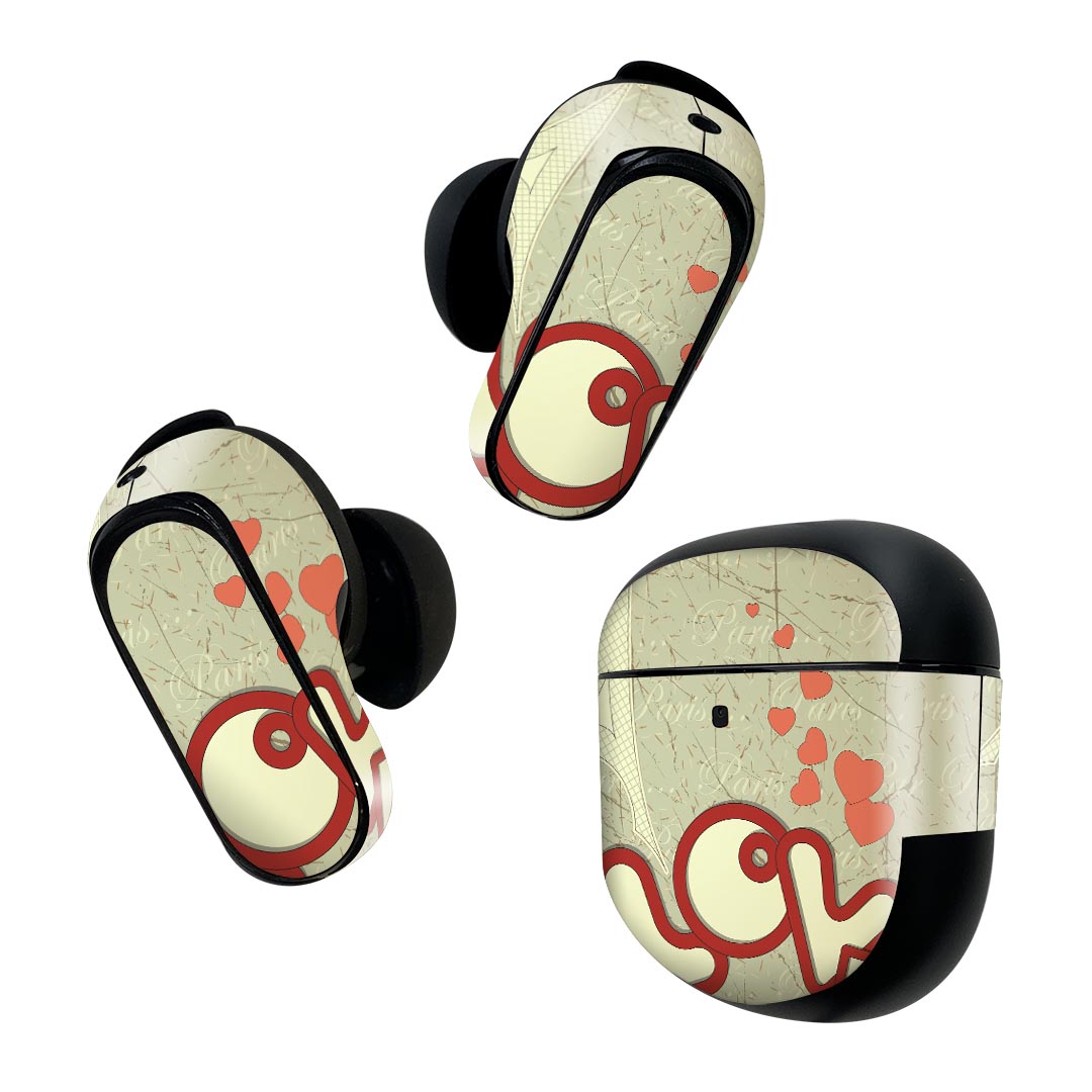 Bose QuietComfort Earbuds II 用 スキンシール ボーズ イヤバッズ2 用　ステッカー　本体3セット ケース1セット 保護 フィルム デコ 英語　文字　ハート 005892