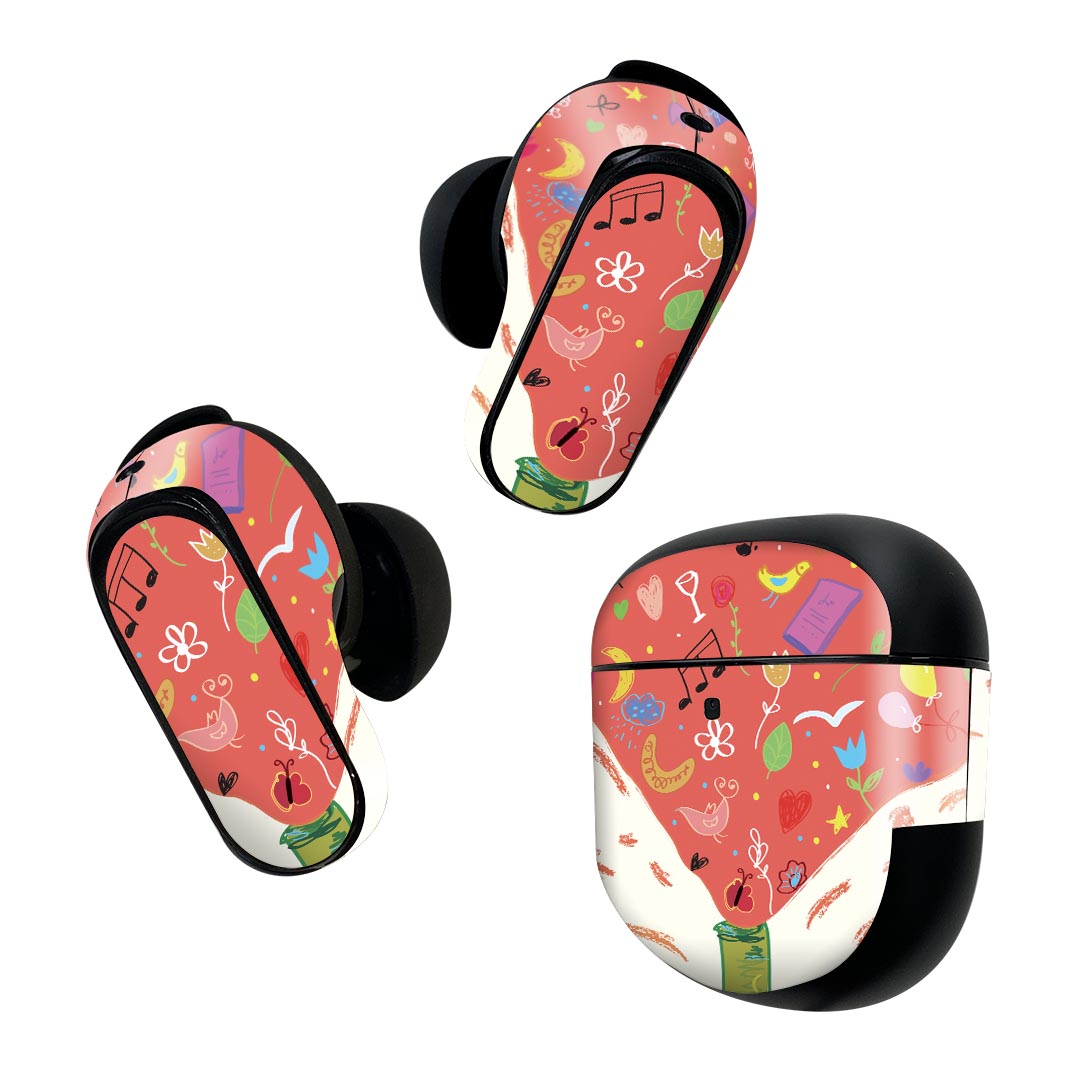 製品名 Bose QuietComfort Earbuds II 専用デザインスキンシール セット内容 Bose QuietComfort Earbuds II 専用シール　イヤホン（左右）3枚、充電ケース用シール 1枚AirPods第3世代専用です。第1?2世代、Proシリーズには対応していません。 商品特徴 再剥離性シートを素材に採用し、細かな位置調整がしやすく貼り直しが容易です。また、エアフリーでもありますので気泡が簡単に逃げるので、キレイに貼ることができます。専用の業務プリンターを使い、商品画像と遜色のない美しい印刷仕上がり。 注意事項 画像はサンプルですので、ご覧の環境によっては多少色味に違いを感じる場合がございます。 イメージと違った、モニターと色味が異なるという理由での交換や返金はご対応出来かねます。スキンシールのみの販売で、機器本体や充電ケース本体は付属しません。シワができた場合、ドライヤーなどで軽く温め、外側に向けてシワを伸ばすように貼ってください。初回貼付時の位置調整や貼り直しは可能ですが、しっかりと押し付けて接着させた後の再剥離、再利用は保証しておりません。また接着部に油分や汚れが付着しますと角の部分は剥がれやすくなりますので、貼付時はあまり触れないようにご注意ください。無地のセミグロスシートにデザインをプリントした商品で、デコなどの加工はございません。 凹凸や光沢があるように見えたり布地や金属を素材にしたように見える商品もありますが、デザインの図版によるものです。印刷時に微妙な画像のズレが生じる場合がございます。ご注文後に1点1点制作する受注生産品の為、不良品以外のご返品や交換は固くお断りします。 商品発送 完全受注生産のハンドメイド商品となりますので、既製品と比べて発送までお時間を頂いています。 基本的に決済確認後2~3営業日、最大で10営業日での発送となります。繁忙期や休業日明けの場合はさらに時間がかかる場合があります。 その際には別途メールにてご連絡致します。メール便の場合、発送日から到着までに2?4日ほどかかる場合が多く、紛失などの保障もご対応できかねます。あらかじめご了承下さい。