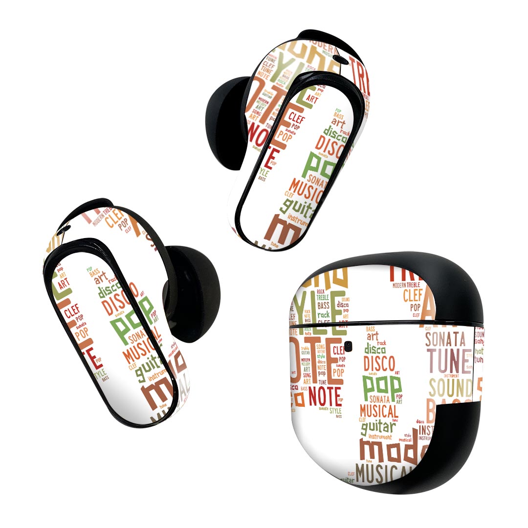 Bose QuietComfort Earbuds II 用 スキンシール ボーズ イヤバッズ2 用　ステッカー　本体3セット ケース1セット 保護 フィルム デコ 音符　英語　文字 006045