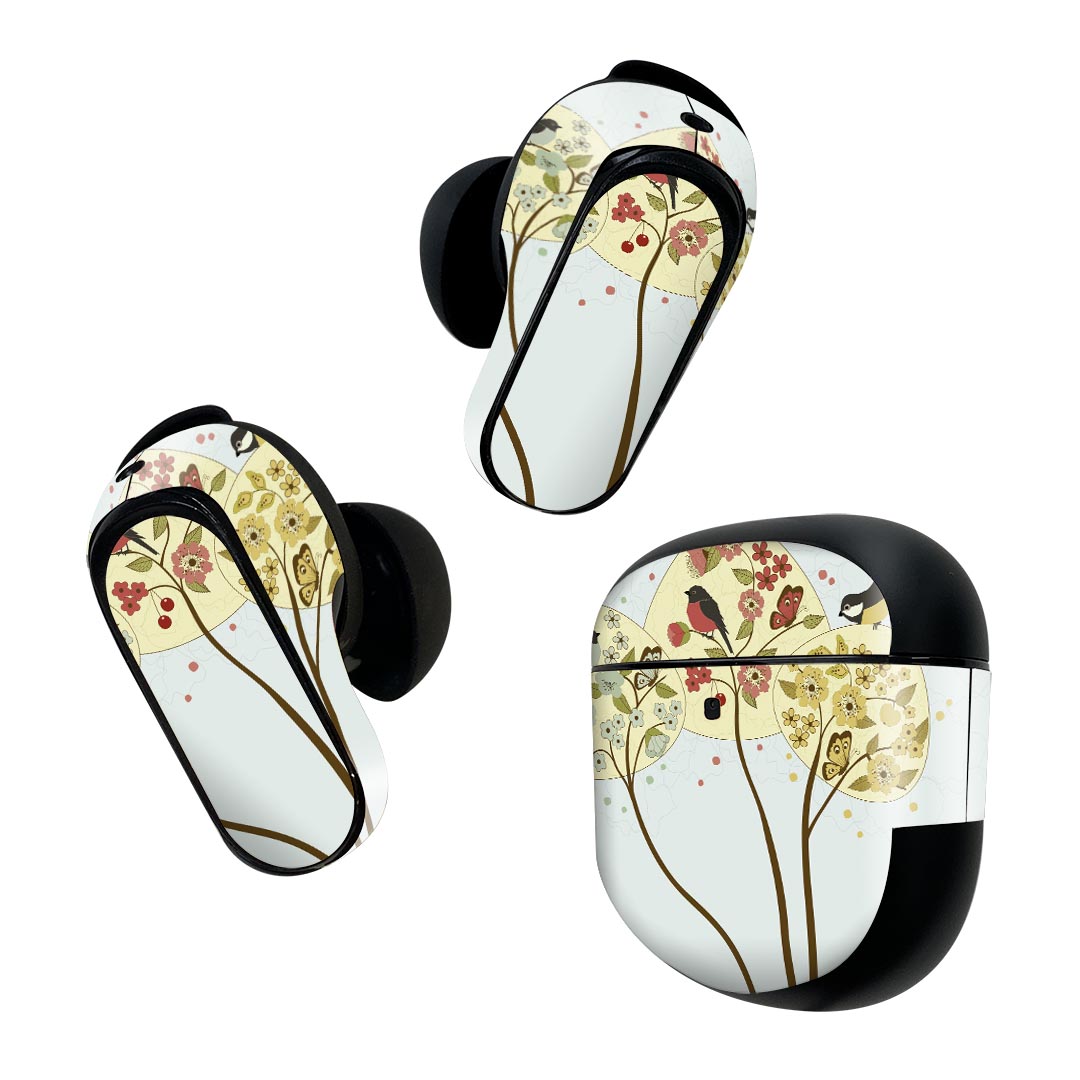 製品名 Bose QuietComfort Earbuds II 専用デザインスキンシール セット内容 Bose QuietComfort Earbuds II 専用シール　イヤホン（左右）3枚、充電ケース用シール 1枚AirPods第3世代専用です。第1?2世代、Proシリーズには対応していません。 商品特徴 再剥離性シートを素材に採用し、細かな位置調整がしやすく貼り直しが容易です。また、エアフリーでもありますので気泡が簡単に逃げるので、キレイに貼ることができます。専用の業務プリンターを使い、商品画像と遜色のない美しい印刷仕上がり。 注意事項 画像はサンプルですので、ご覧の環境によっては多少色味に違いを感じる場合がございます。 イメージと違った、モニターと色味が異なるという理由での交換や返金はご対応出来かねます。スキンシールのみの販売で、機器本体や充電ケース本体は付属しません。シワができた場合、ドライヤーなどで軽く温め、外側に向けてシワを伸ばすように貼ってください。初回貼付時の位置調整や貼り直しは可能ですが、しっかりと押し付けて接着させた後の再剥離、再利用は保証しておりません。また接着部に油分や汚れが付着しますと角の部分は剥がれやすくなりますので、貼付時はあまり触れないようにご注意ください。無地のセミグロスシートにデザインをプリントした商品で、デコなどの加工はございません。 凹凸や光沢があるように見えたり布地や金属を素材にしたように見える商品もありますが、デザインの図版によるものです。印刷時に微妙な画像のズレが生じる場合がございます。ご注文後に1点1点制作する受注生産品の為、不良品以外のご返品や交換は固くお断りします。 商品発送 完全受注生産のハンドメイド商品となりますので、既製品と比べて発送までお時間を頂いています。 基本的に決済確認後2~3営業日、最大で10営業日での発送となります。繁忙期や休業日明けの場合はさらに時間がかかる場合があります。 その際には別途メールにてご連絡致します。メール便の場合、発送日から到着までに2?4日ほどかかる場合が多く、紛失などの保障もご対応できかねます。あらかじめご了承下さい。