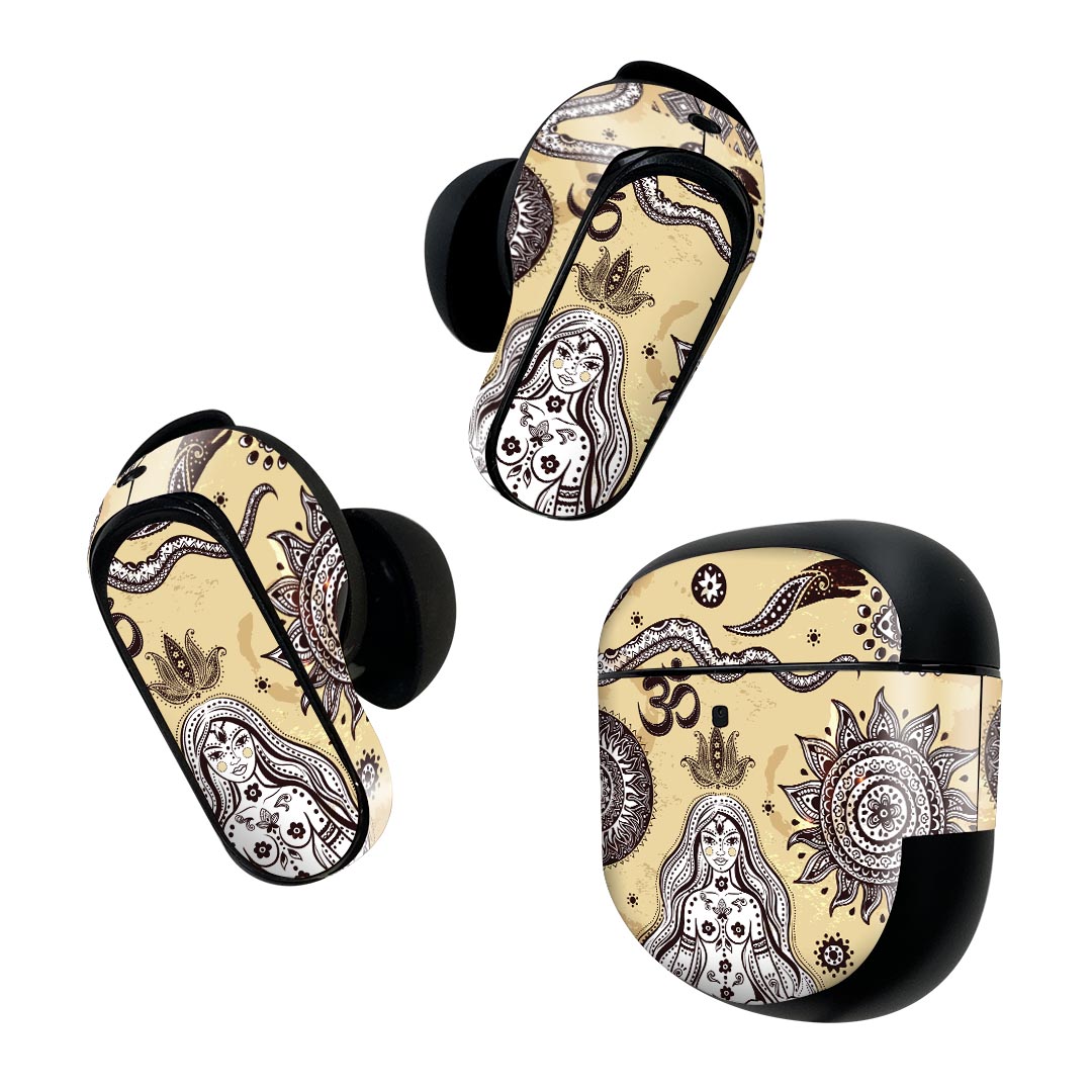 Bose QuietComfort Earbuds II 用 スキンシール ボーズ イヤバッズ2 用　ステッカー　本体3セット ケース1セット 保護 フィルム デコ アニマル 文様　アジアン　イラスト 006118