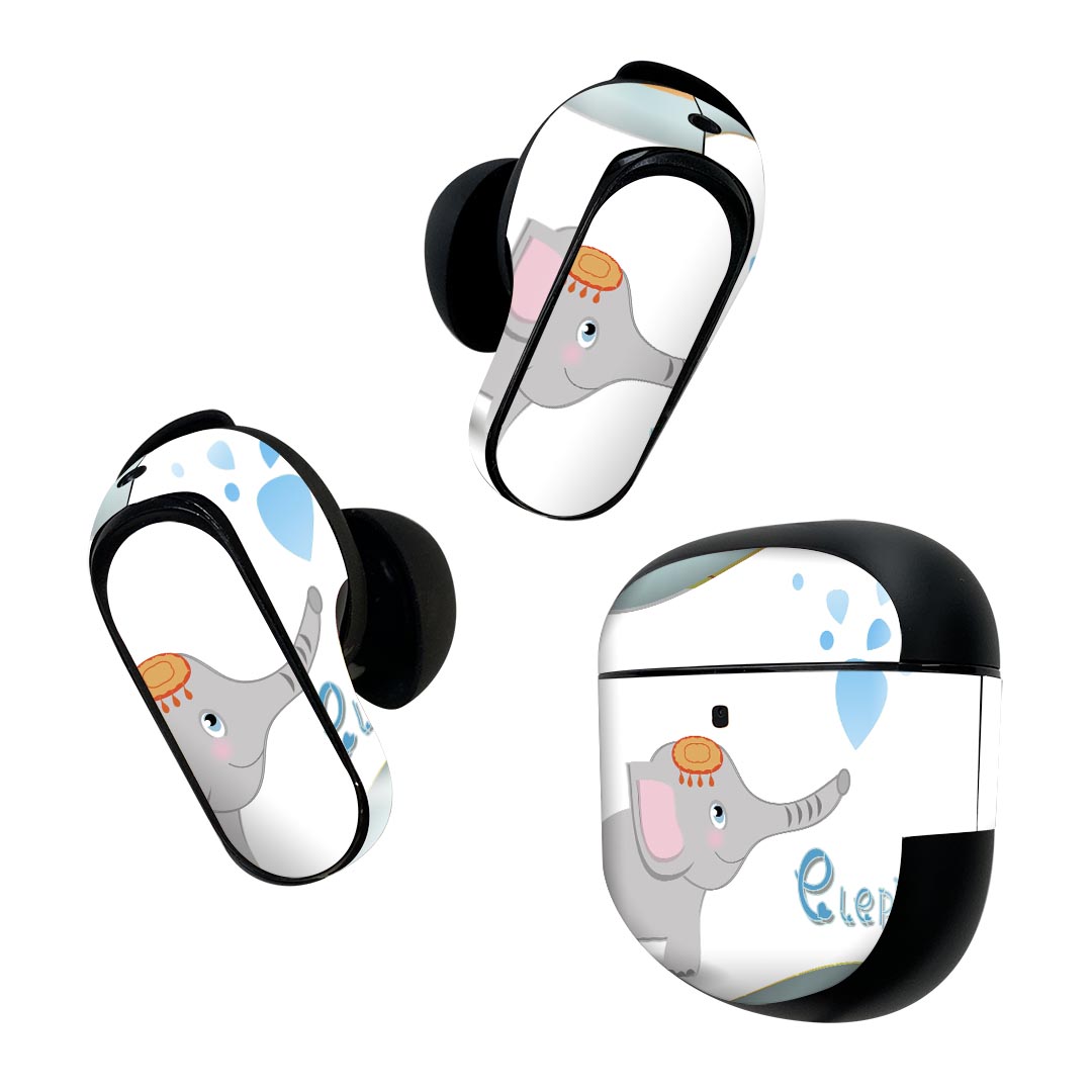 Bose QuietComfort Earbuds II 用 スキンシール ボーズ イヤバッズ2 用　ステッカー　本体3セット ケース1セット 保護 フィルム デコ ゾウ　象　イラスト 006302
