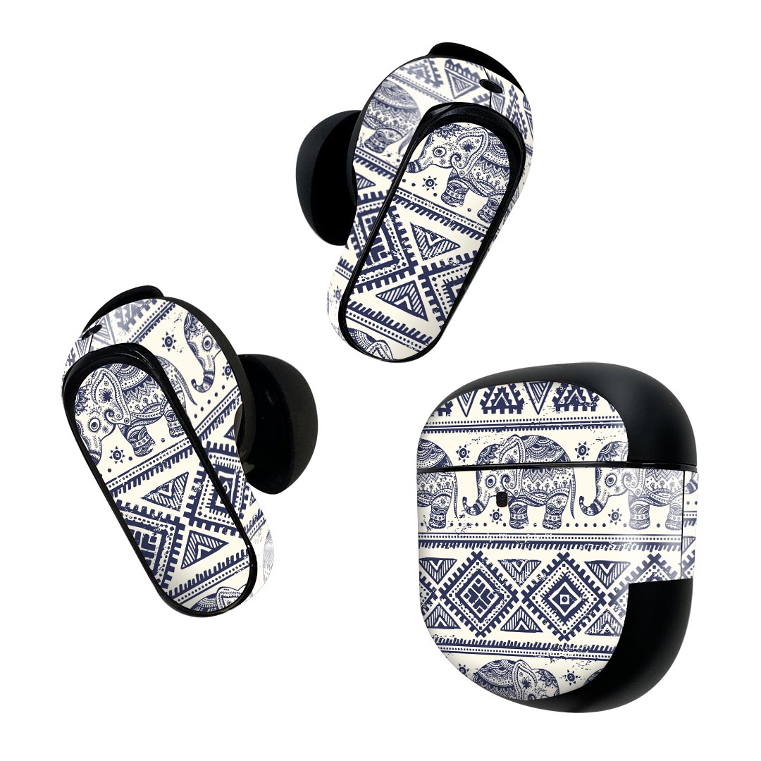 Bose QuietComfort Earbuds II 用 スキンシール ボーズ イヤバッズ2 用　ステッカー　本体3セット ケース1セット 保護 フィルム デコ 象　模様　ゾウ 006304