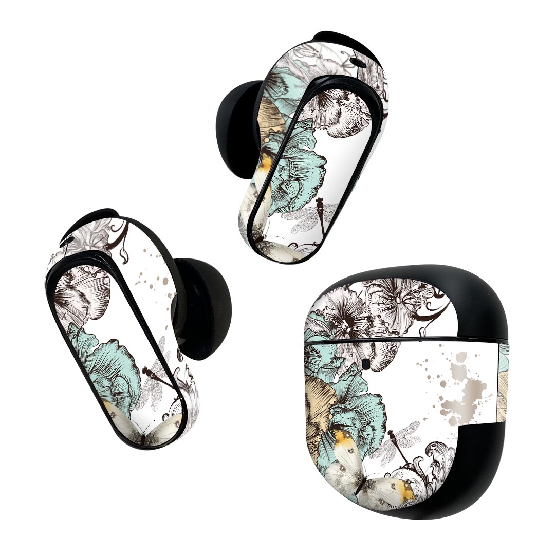 製品名 Bose QuietComfort Earbuds II 専用デザインスキンシール セット内容 Bose QuietComfort Earbuds II 専用シール　イヤホン（左右）3枚、充電ケース用シール 1枚AirPods第3世代専用です。第1?2世代、Proシリーズには対応していません。 商品特徴 再剥離性シートを素材に採用し、細かな位置調整がしやすく貼り直しが容易です。また、エアフリーでもありますので気泡が簡単に逃げるので、キレイに貼ることができます。専用の業務プリンターを使い、商品画像と遜色のない美しい印刷仕上がり。 注意事項 画像はサンプルですので、ご覧の環境によっては多少色味に違いを感じる場合がございます。 イメージと違った、モニターと色味が異なるという理由での交換や返金はご対応出来かねます。スキンシールのみの販売で、機器本体や充電ケース本体は付属しません。シワができた場合、ドライヤーなどで軽く温め、外側に向けてシワを伸ばすように貼ってください。初回貼付時の位置調整や貼り直しは可能ですが、しっかりと押し付けて接着させた後の再剥離、再利用は保証しておりません。また接着部に油分や汚れが付着しますと角の部分は剥がれやすくなりますので、貼付時はあまり触れないようにご注意ください。無地のセミグロスシートにデザインをプリントした商品で、デコなどの加工はございません。 凹凸や光沢があるように見えたり布地や金属を素材にしたように見える商品もありますが、デザインの図版によるものです。印刷時に微妙な画像のズレが生じる場合がございます。ご注文後に1点1点制作する受注生産品の為、不良品以外のご返品や交換は固くお断りします。 商品発送 完全受注生産のハンドメイド商品となりますので、既製品と比べて発送までお時間を頂いています。 基本的に決済確認後2~3営業日、最大で10営業日での発送となります。繁忙期や休業日明けの場合はさらに時間がかかる場合があります。 その際には別途メールにてご連絡致します。メール便の場合、発送日から到着までに2?4日ほどかかる場合が多く、紛失などの保障もご対応できかねます。あらかじめご了承下さい。
