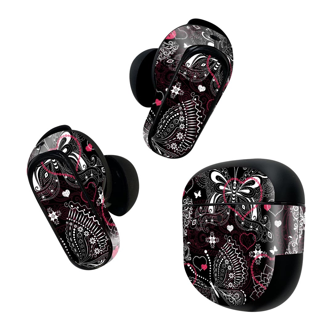 Bose QuietComfort Earbuds II 用 スキンシール ボーズ イヤバッズ2 用 ステッカー 本体3セット ケース1セット 保護 フィルム デコ 蝶 ハート 模様 006462