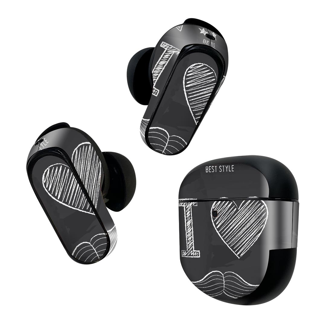Bose QuietComfort Earbuds II 用 スキンシール ボーズ イヤバッズ2 用　ステッカー　本体3セット ケース1セット 保護 フィルム デコ ハート　ヒゲ　英語 006598