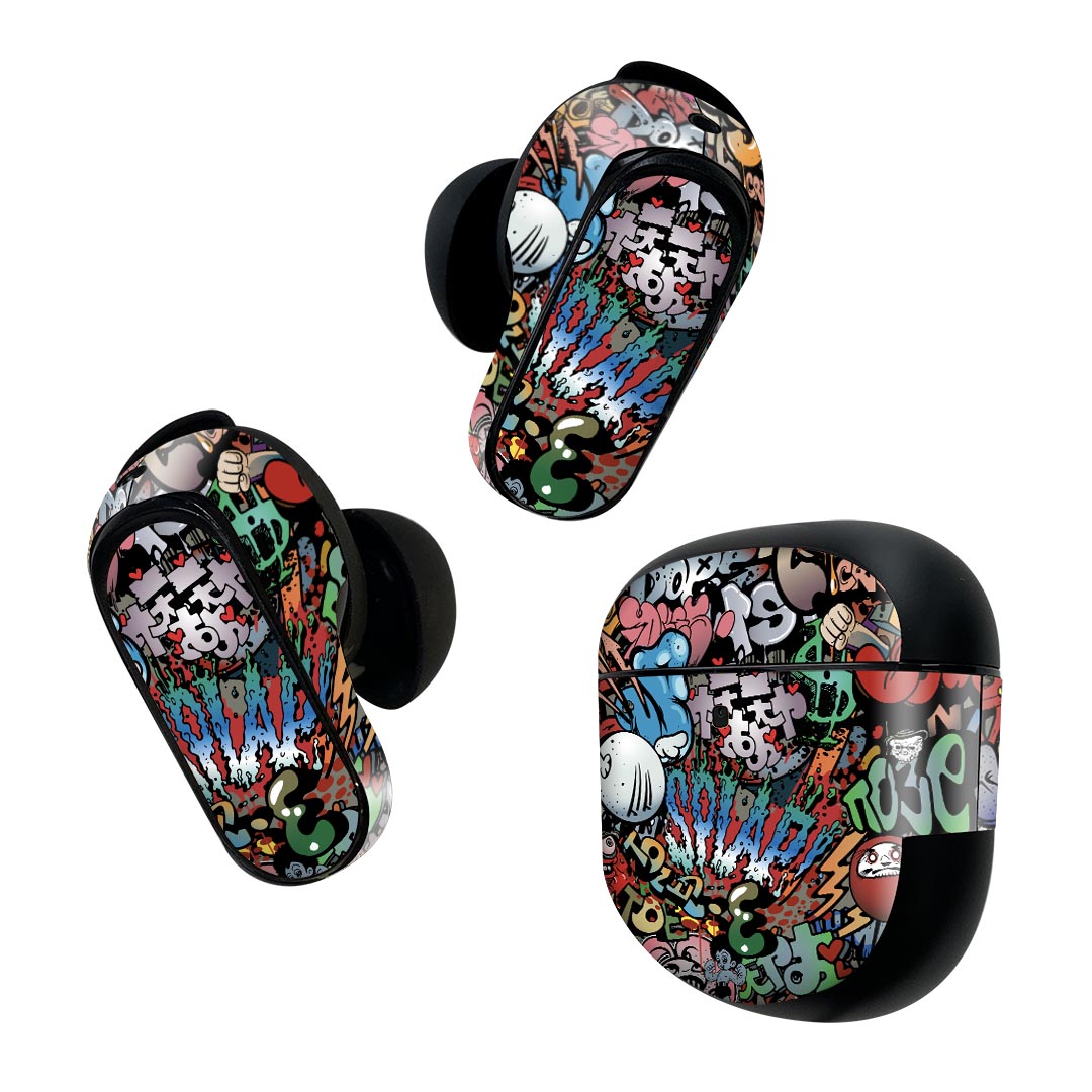 Bose QuietComfort Earbuds II 用 スキンシール ボーズ イヤバッズ2 用　ステッカー　本体3セット ケース1セット 保護 フィルム デコ 英語　イラスト　文字 006746