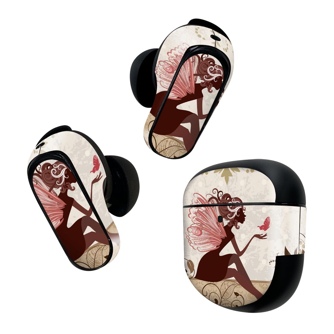 Bose QuietComfort Earbuds II 用 スキンシール ボーズ イヤバッズ2 用　ステッカー　本体3セット ケース1セット 保護 フィルム デコ 人物　蝶 007095