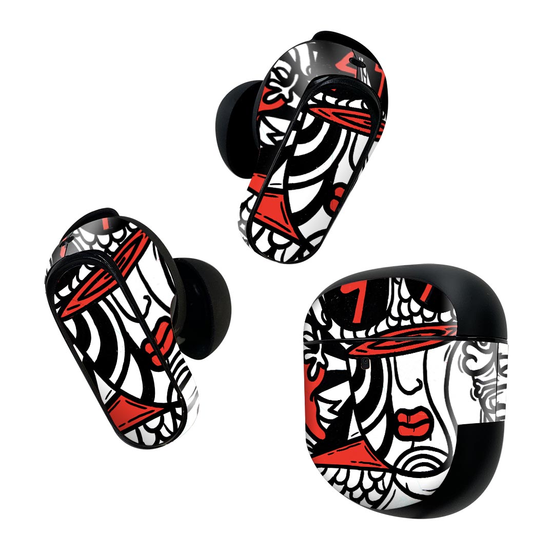 Bose QuietComfort Earbuds II 用 スキンシール ボーズ イヤバッズ2 用　ステッカー　本体3セット ケース1セット 保護 フィルム デコ 赤　レッド　模様　顔 007345