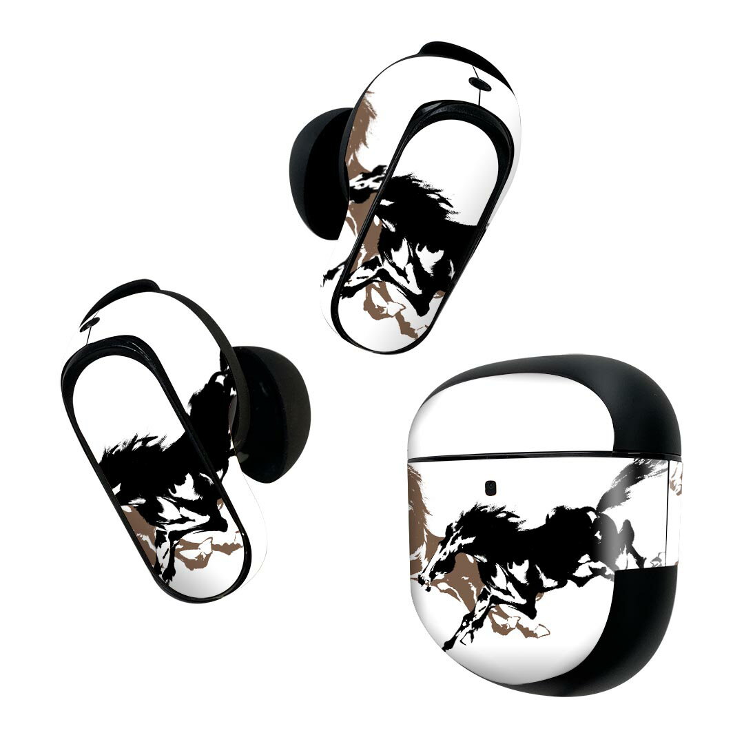 Bose QuietComfort Earbuds II 用 スキンシール ボーズ イヤバッズ2 用　ステッカー　本体3セット ケース1セット 保護 フィルム デコ 馬　イラスト　黒　ブラック　ブラウン 007365