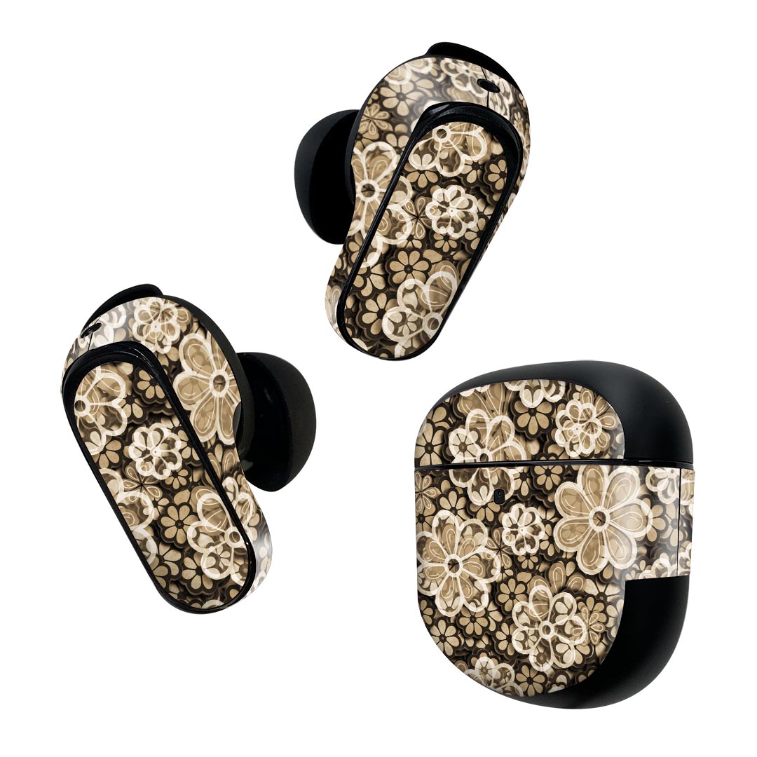 Bose QuietComfort Earbuds II 用 スキンシール ボーズ イヤバッズ2 用　ステッカー　本体3セット ケース1セット 保護 フィルム デコ 花　　ブラウン　茶色　模様 007407