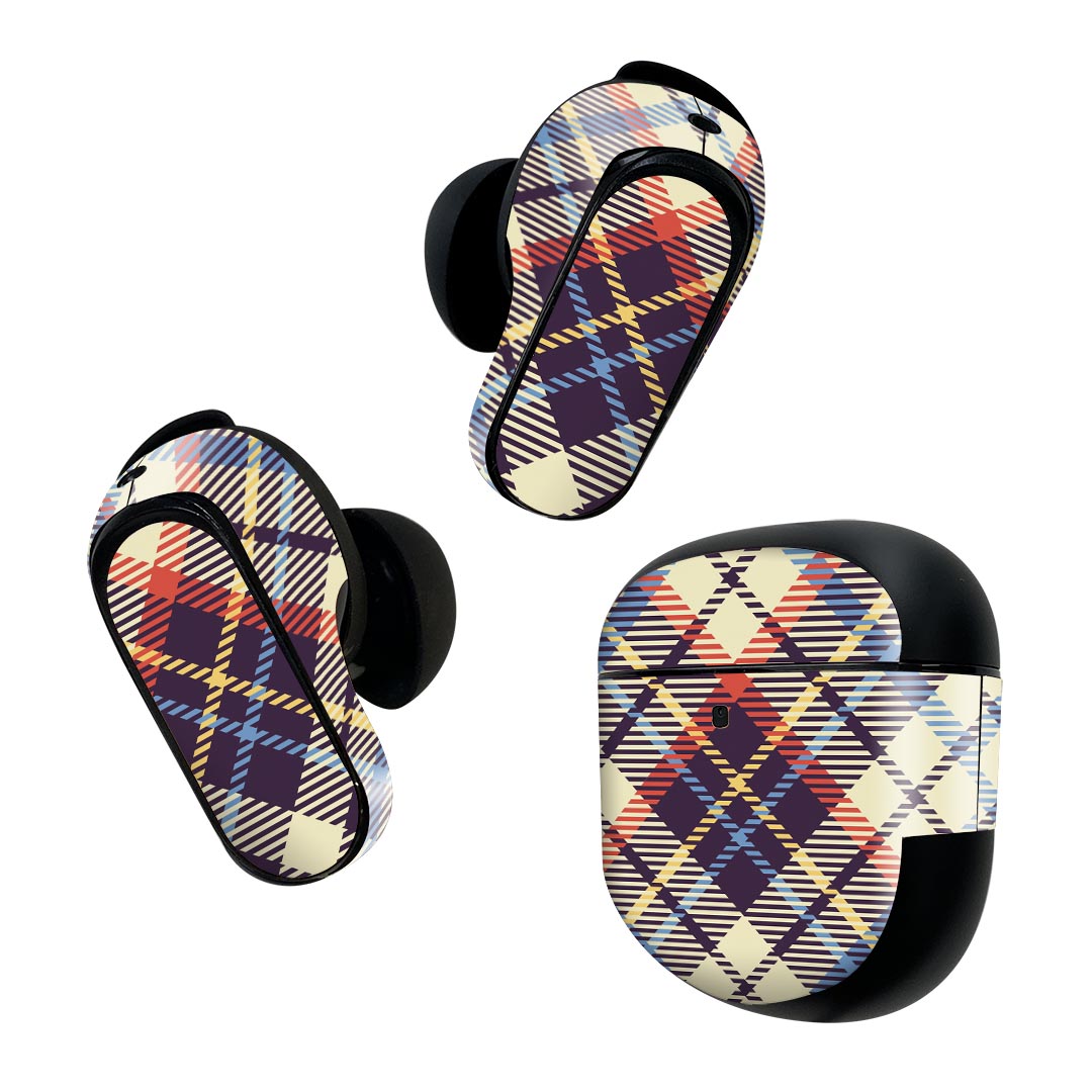 Bose QuietComfort Earbuds II 用 スキンシール ボーズ イヤバッズ2 用　ステッカー　本体3セット ケース1セット 保護 フィルム デコ チェック　模様　カラフル 007430