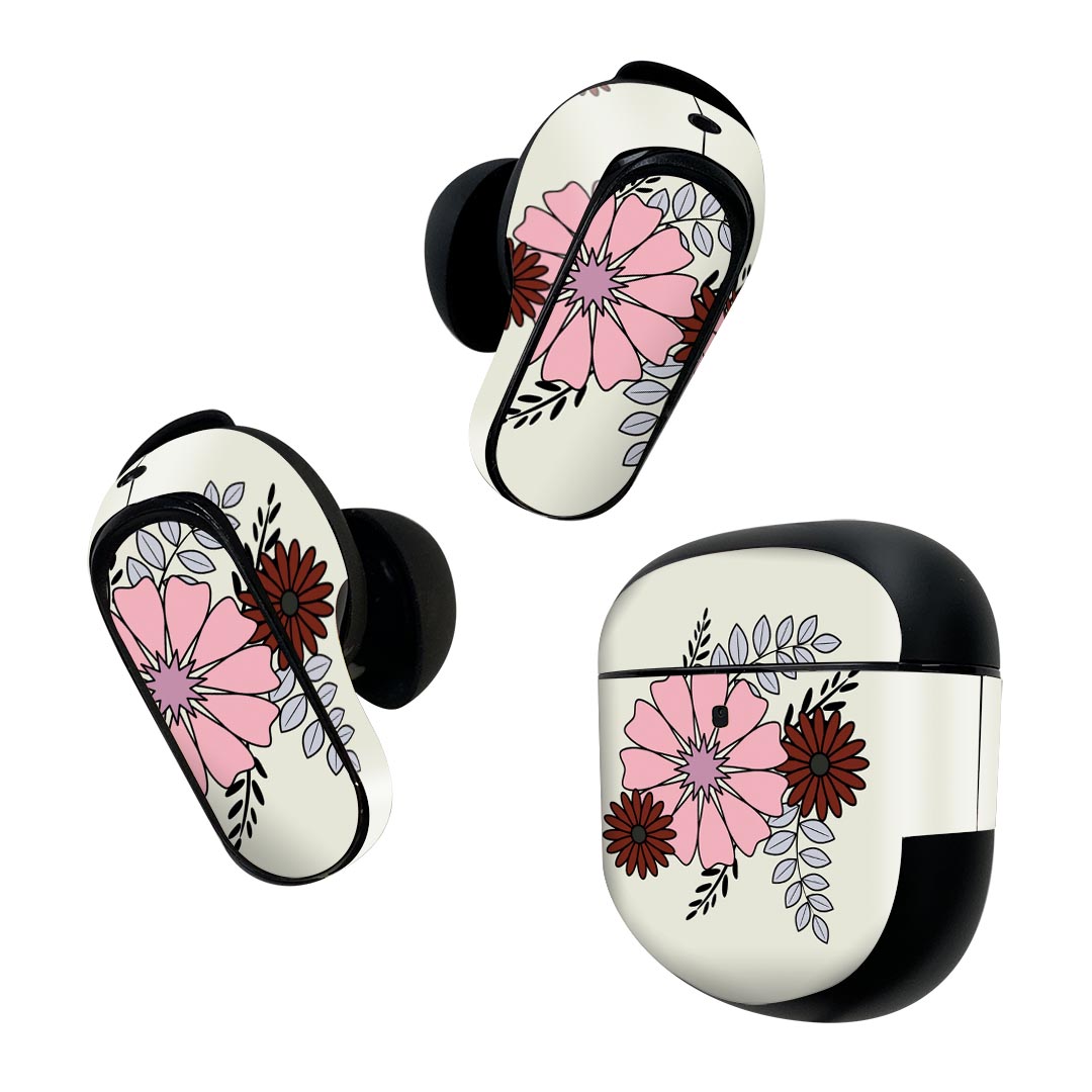 Bose QuietComfort Earbuds II 用 スキンシール ボーズ イヤバッズ2 用　ステッカー　本体3セット ケース1セット 保護 フィルム デコ 花　　イラスト　模様 007450