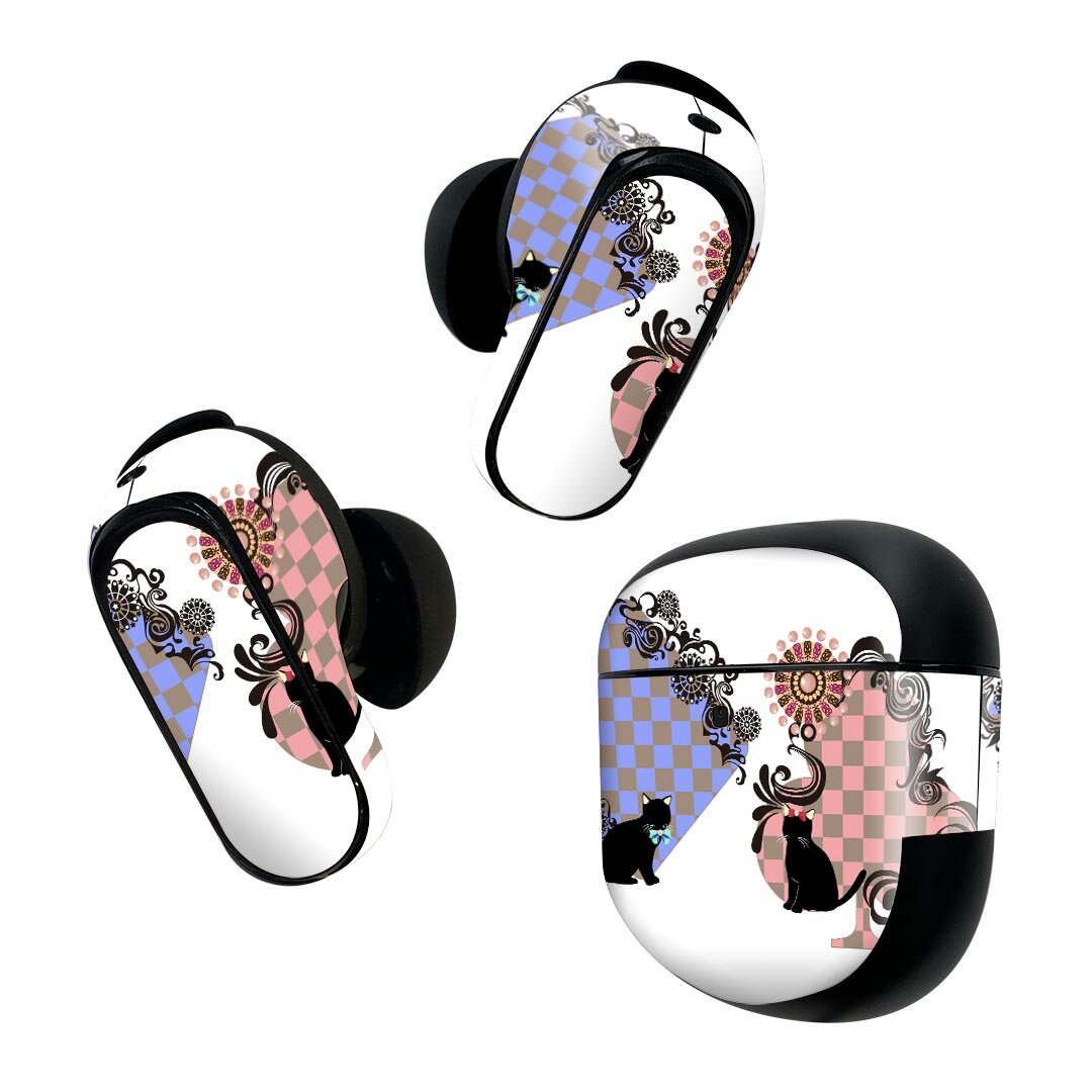 Bose QuietComfort Earbuds II 用 スキンシール ボーズ イヤバッズ2 用　ステッカー　本体3セット ケース1セット 保護 フィルム デコ チェック　猫　ネコ　市松模様 007517