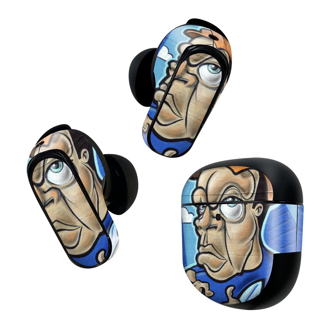 Bose QuietComfort Earbuds II 用 スキンシール ボーズ イヤバッズ2 用　ステッカー　本体3セット ケース1セット 保護 フィルム デコ 人物　イラスト　青　ブルー 007572