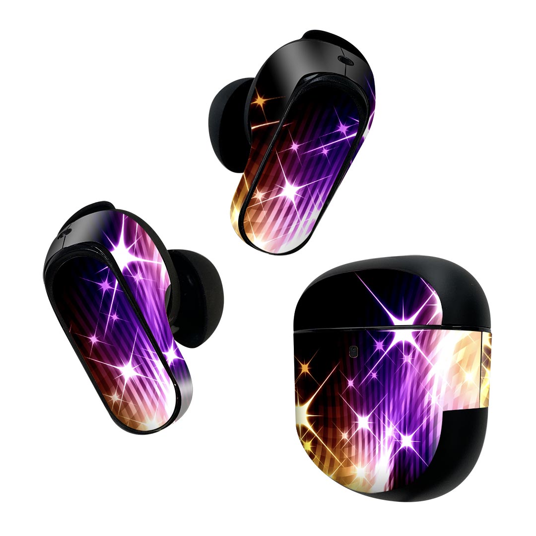 楽天スマコレBose QuietComfort Earbuds II 用 スキンシール ボーズ イヤバッズ2 用　ステッカー　本体3セット ケース1セット 保護 フィルム デコ チェック　きらきら　黄色　紫 007657