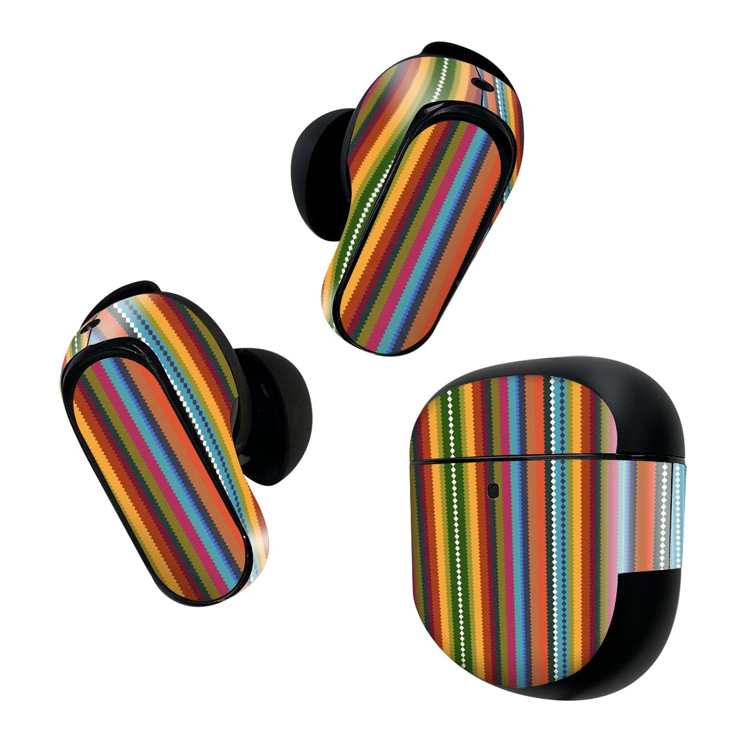 Bose QuietComfort Earbuds II 用 スキンシール ボーズ イヤバッズ2 用 ステッカー 本体3セット ケース1セット 保護 フィルム デコ ストライプ 模様 カラフル 007780